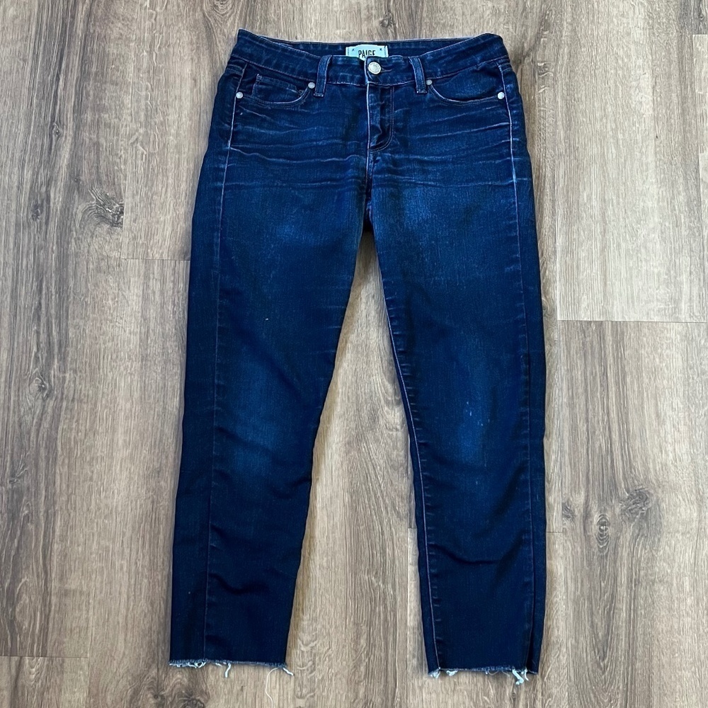 Paige Peg Super Skinny Dark Wash Raw Hem Sz 27